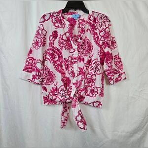 CeCe Womens White Pink Paisley Floral Print 3/4 Sleeve‎ Front Tie Blouse Small